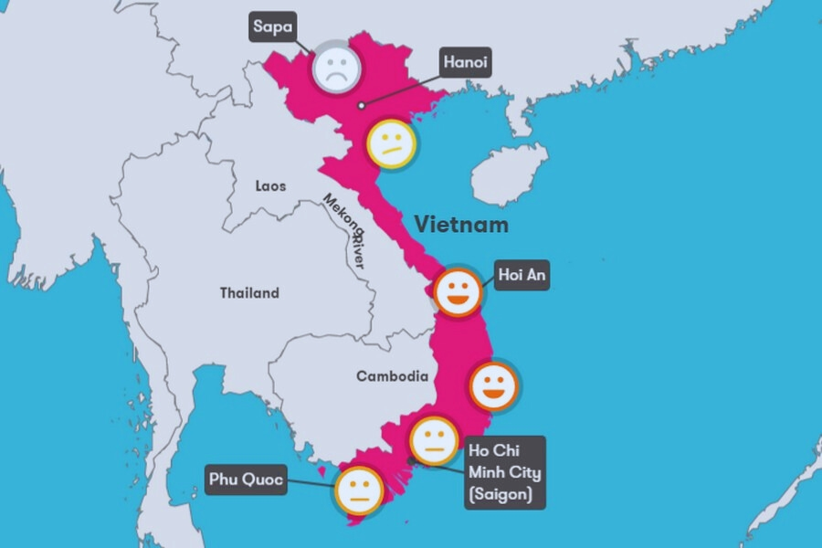 Vietnam travel destination map showing major cities and highlights for tourists